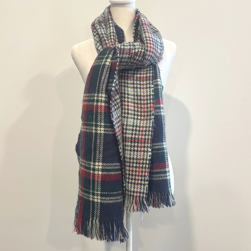 Houndstooth Plaid Reversible Scarf Fringe Blue Red Winter Preppy Academic 21916